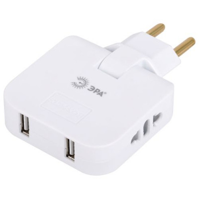 Разветвитель электрический 2-м 10А SPF-2-FL-USB 2USB поворотн. бел. Эра Б0069089