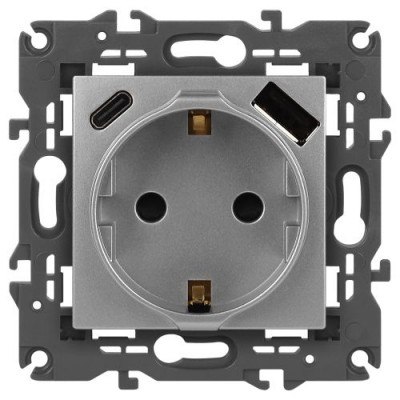 Розетка 1-м СП Elegance 14-4108-03 16А 250В 2P+E с USB type-A+C 5В-3А защ. шторки алюм. Эра Б0067741