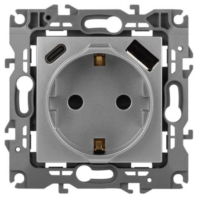 Розетка Эра12 12-4108-03 16А 250В 2P+E с USB type-A+C 5В-3А защ. шторки алюм. Эра Б0067716