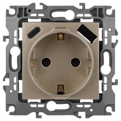 Розетка Эра12 12-4108-04 16А 250В 2P+E с USB type-A+C 5В-3А защ. шторки шампань Эра Б0067727