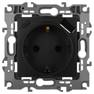 Розетка Эра12 12-4108-05 16А 250В 2P+E с USB type-A+C 5В-3А защ. шторки антрацит Эра Б0067707
