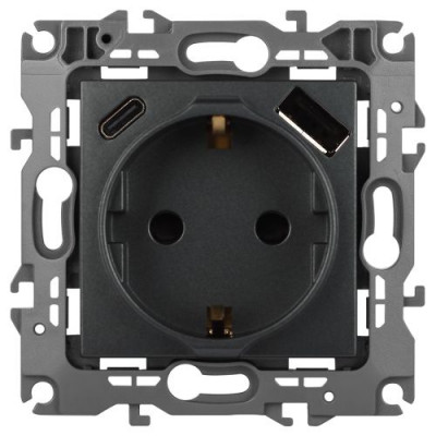 Розетка Эра12 12-4108-12 16А 250В 2P+E с USB type-A+C 5В-3А защ. шторки графит Эра Б0067700