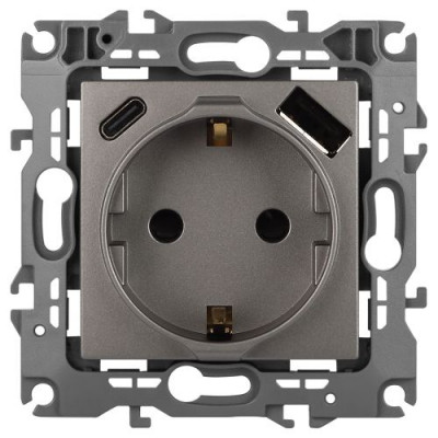 Розетка Эра12 12-4108-16 16А 250В 2P+E с USB type-A+C 5В-3А защ. шторки титан Эра Б0067762