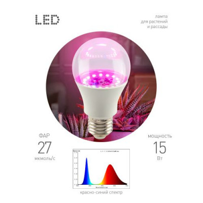 Лампа светодиодная GREEN LINE ФИТО A60-15W-PL-E27-GR 15Вт E27 для растений красн./син. спектра Эра Б0064548