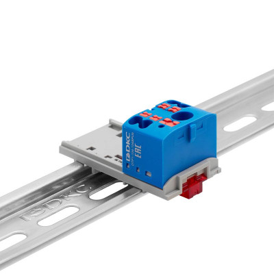 Блок распределительный с вертикал. адаптером на рейки шир. 15/35мм зажим push-in 1 ввод 6кв.мм 4 точки подключения 2.5кв.мм син. DKC DTP1-104-104SPUB-V