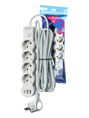 Удлинитель 3х5м с заземл. 10А IP20 USB 2500Вт 220В ПВС 3х1 с выкл. бел. КОСМОС YKsm5m4g-Z-VU10А-W