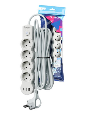 Удлинитель 3х1.5м с заземл. 10А IP20 USB 2500Вт 220В ПВС 3х1 с выкл. бел. КОСМОС YKsm1.5m4g-Z-VU10А-W