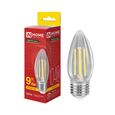 Лампа светодиодная LED-СВЕЧА-deco 9Вт свеча прозрачная 3000К E27 1040лм 230В IN HOME 4690612063249