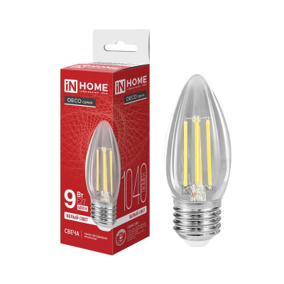 Лампа светодиодная LED-СВЕЧА-deco 9Вт свеча прозрачная 4000К E27 1040лм 230В IN HOME 4690612063256