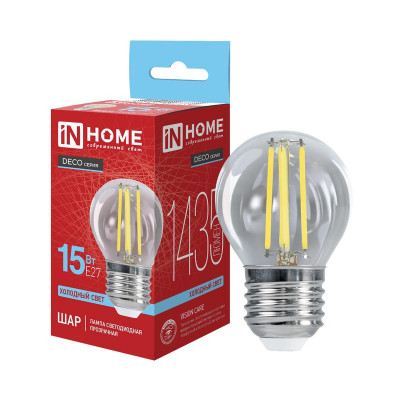Лампа светодиодная LED-ШАР-deco 15Вт шар прозрачная 6500К E27 1435лм 230В IN HOME 4690612063379