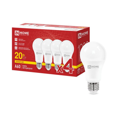 Лампа светодиодная LED-A60-VC 4PACK 20Вт грушевидная 3000К E27 1900лм 230В (уп.4шт) IN HOME 4690612063058