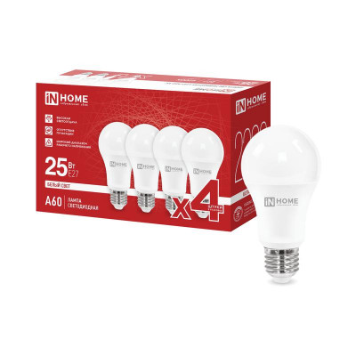 Лампа светодиодная LED-A60-VC 4PACK 25Вт грушевидная 4000К E27 2380лм 230В (уп.4шт) IN HOME 4690612063072