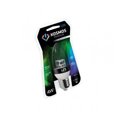 Лампа светодиодная KOSMOS premium 4Вт свеча прозрачная E27 230В 4500К Космос KLED4wCN230vE2745CL