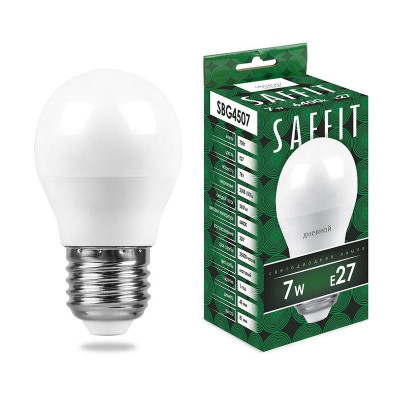 Лампа светодиодная SBG4507 7Вт G45 шар 6400К E27 230В SAFFIT 55124