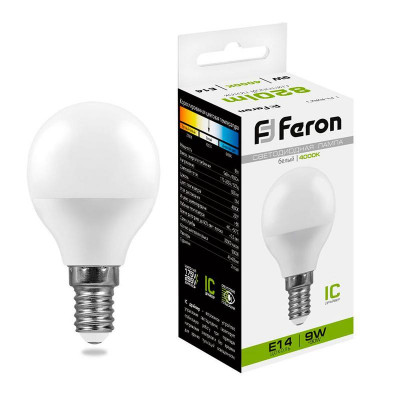 Лампа светодиодная LB-550 9Вт G45 шар 4000К E14 230В FERON 25802