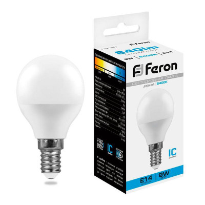 Лампа светодиодная LB-550 9Вт G45 шар 6400К E14 230В FERON 25803