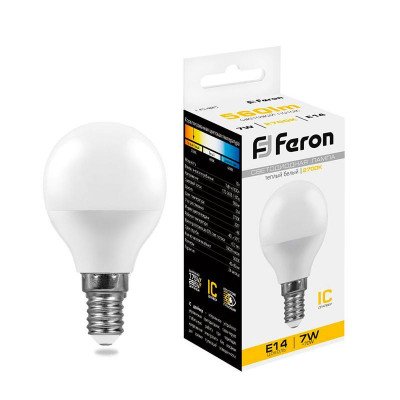 Лампа светодиодная LB-95 7Вт G45 шар 2700К E14 230В FERON 25478