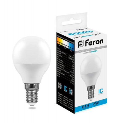 Лампа светодиодная LB-95 7Вт G45 шар 6400К E14 230В FERON 25480