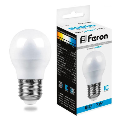 Лампа светодиодная LB-95 7Вт G45 шар 6400К E27 230В FERON 25483