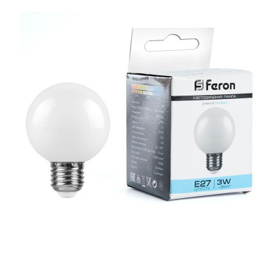 Лампа светодиодная LB-371 3Вт G60 шар матовая 6400К E27 230В FERON 25902