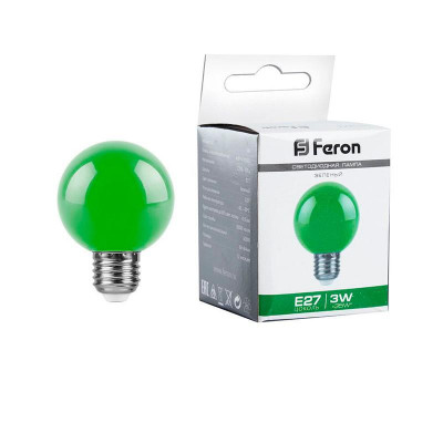 Лампа светодиодная LB-371 3Вт G60 шар матовая E27 230В зел. FERON 25907