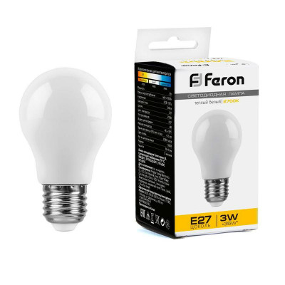 Лампа светодиодная LB-375 3Вт A50 грушевидная матовая 2700К E27 230В FERON 38266