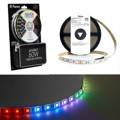 Лента светодиодная LS606 60SMD(5050)/м 14.4Вт/м 12В RGB с драйвером с адаптером с вилкой контроллером с пультом в комплекте (уп.3м) FERON 27722