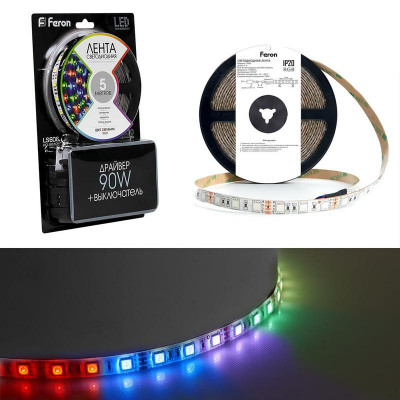 Лента светодиодная LS606 60SMD(5050)/м 14.4Вт/м 12В RGB c драйвером с адаптером с вилкой контроллером с пультом в комплекте (уп.5м) FERON 27706