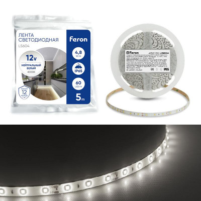 Лента светодиодная LS604 60SMD(2835)/м 4.8Вт/м 12В IP65 4000К (уп.5м) FERON 48219