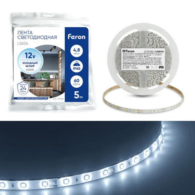 Лента светодиодная LS604 60SMD(2835)/м 4.8Вт/м 12В IP65 6500К (уп.5м) FERON 27638