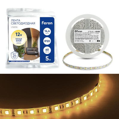Лента светодиодная LS606 60SMD(5050)/м 14.4Вт/м 12В 3000К (уп.5м) FERON 27646