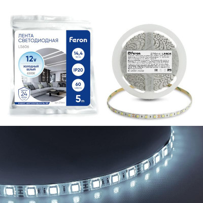 Лента светодиодная LS606 60SMD(5050)/м 14.4Вт/м 12В 6500К (уп.5м) FERON 27644