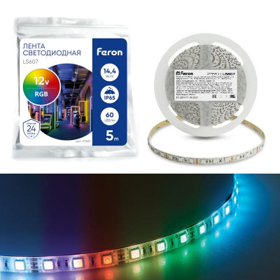 Лента светодиодная LS607 60SMD(5050)/м 14.4Вт/м 12В IP65 RGB (уп.5м) FERON 27651