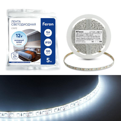 Лента светодиодная LS612 120SMD(2835)/м 9.6Вт/м 12В 6500К (уп.5м) FERON 27729