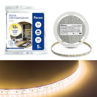 Лента светодиодная LS613 120SMD(2835)/м 9.6Вт/м 12В 3000К (уп.5м) FERON 27732