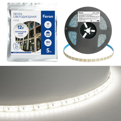 Лента светодиодная LS626 180SMD(2835)/м 17Вт/м 12В 4000К (уп.5м) FERON 51639