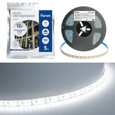 Лента светодиодная LS626 180SMD(2835)/м 17Вт/м 12В 6500К (уп.5м) FERON 51640