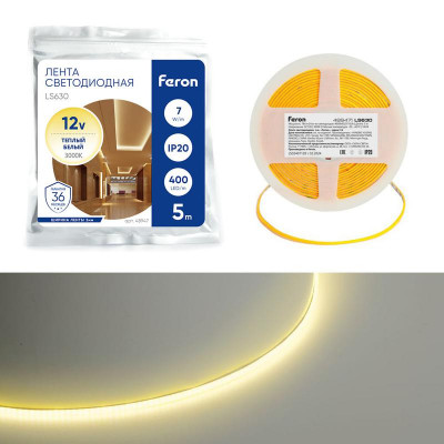 Лента светодиодная LS630 400SMD(2110)/ 7Вт/м 12В 5000х3х1.8мм 3000К IP20 (уп.5м) FERON 48947