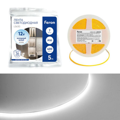Лента светодиодная LS630 400SMD(2110)/ 7Вт/м 12В 5000х3х1.8мм 6500К IP20 (уп.5м) FERON 48949