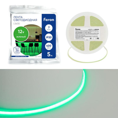 Лента светодиодная LS630 400SMD(2110)/ 7Вт/м 12В 5000х3х1.8мм IP20 зел. (уп.5м) FERON 48951