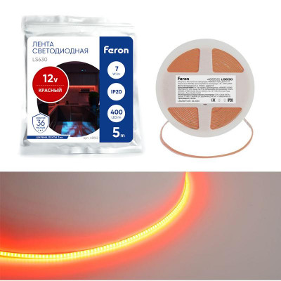 Лента светодиодная LS630 400SMD(2110)/ 7Вт/м 12В 5000х3х1.8мм IP20 красн. (уп.5м) FERON 48952
