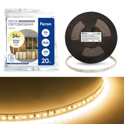 Лента светодиодная LS520 12х1Вт/м 24В 20000х10х1.22мм 3000К (уп.20м) FERON 41276