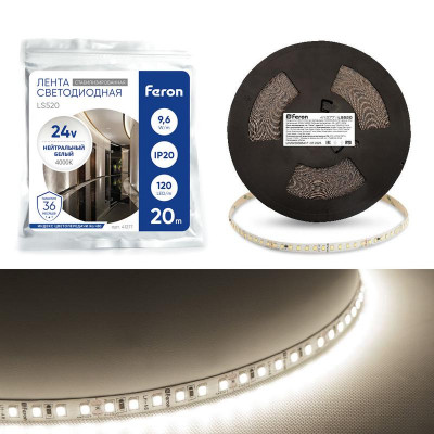 Лента светодиодная LS520 12х1Вт/м 24В 20000х10х1.22мм 4000К (уп.20м) FERON 41277