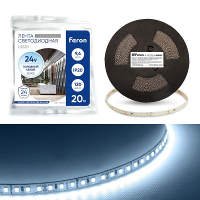 Лента светодиодная LS520 12х1Вт/м 24В 20000х10х1.22мм 6000К (уп.20м) FERON 41278