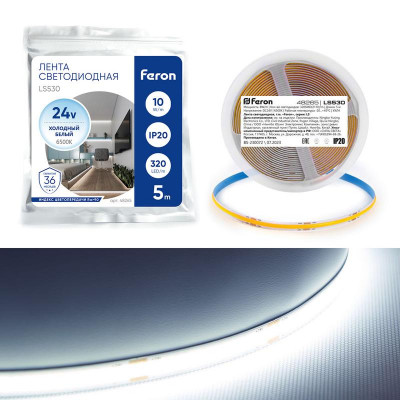 Лента светодиодная LS530 320SMD(2110) 10Вт/м 24В 5000х8х1.8мм IP20 6500К (уп.5м) FERON 48265