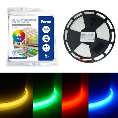 Лента светодиодная LS551 120SMD(4040)/м 14.4Вт/м 24В 5000х13х13мм RGB IP68 неоновая (уп.5м) FERON 48731