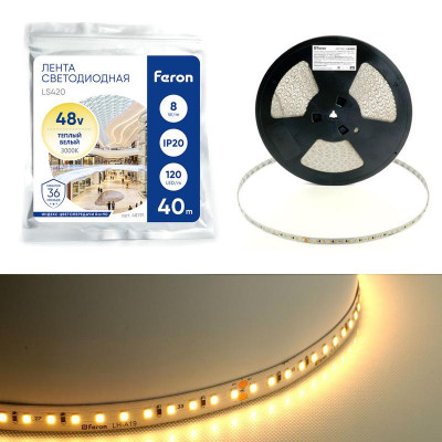 Лента светодиодная LS420 120SMD(2835)/м 8Вт/м 48В 40000х10х1.22мм 3000К IP20 стабилизированная (уп.40м) FERON 48791