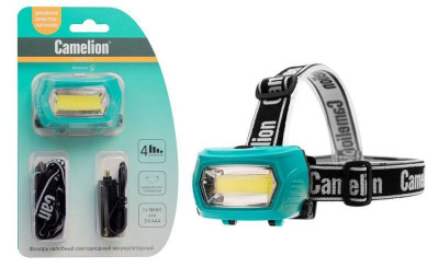 Фонарь налобный LED53411 аккум. 3.7В COB 3Вт 3 реж. 3 x AAA Type-C блист зел. Camelion 15763
