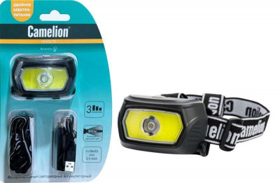 Фонарь налобный LED53413 аккум. 3.7В COB+LED 3Вт 3 реж. 3 x AAA Type-C блист карбон Camelion 15765
