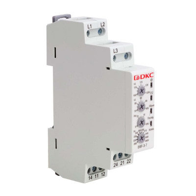 Реле контроля фаз 3ф + N тип DRF; контроль напряжения; контроль обрыва фаз; котроль чередования фаз; контроль асимметрии; конфигурация контакта 2CO 120-277В DKC DRF-3-7N
